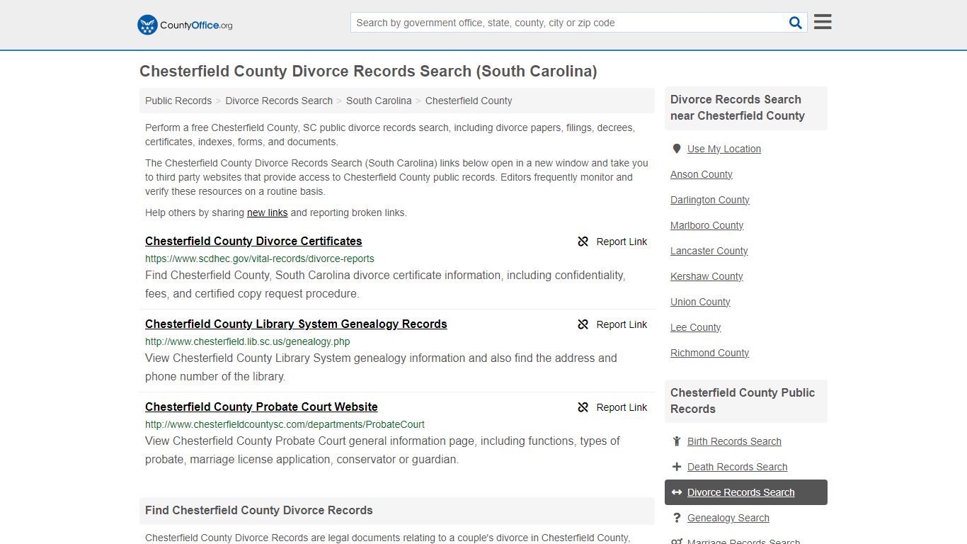 Chesterfield County Divorce Records Search (South Carolina) - County Office